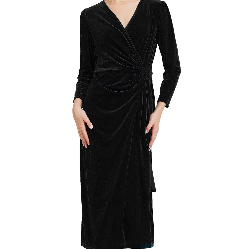 Elegant Black Velvet Midi Faux Wrap Dress                By Allegra K